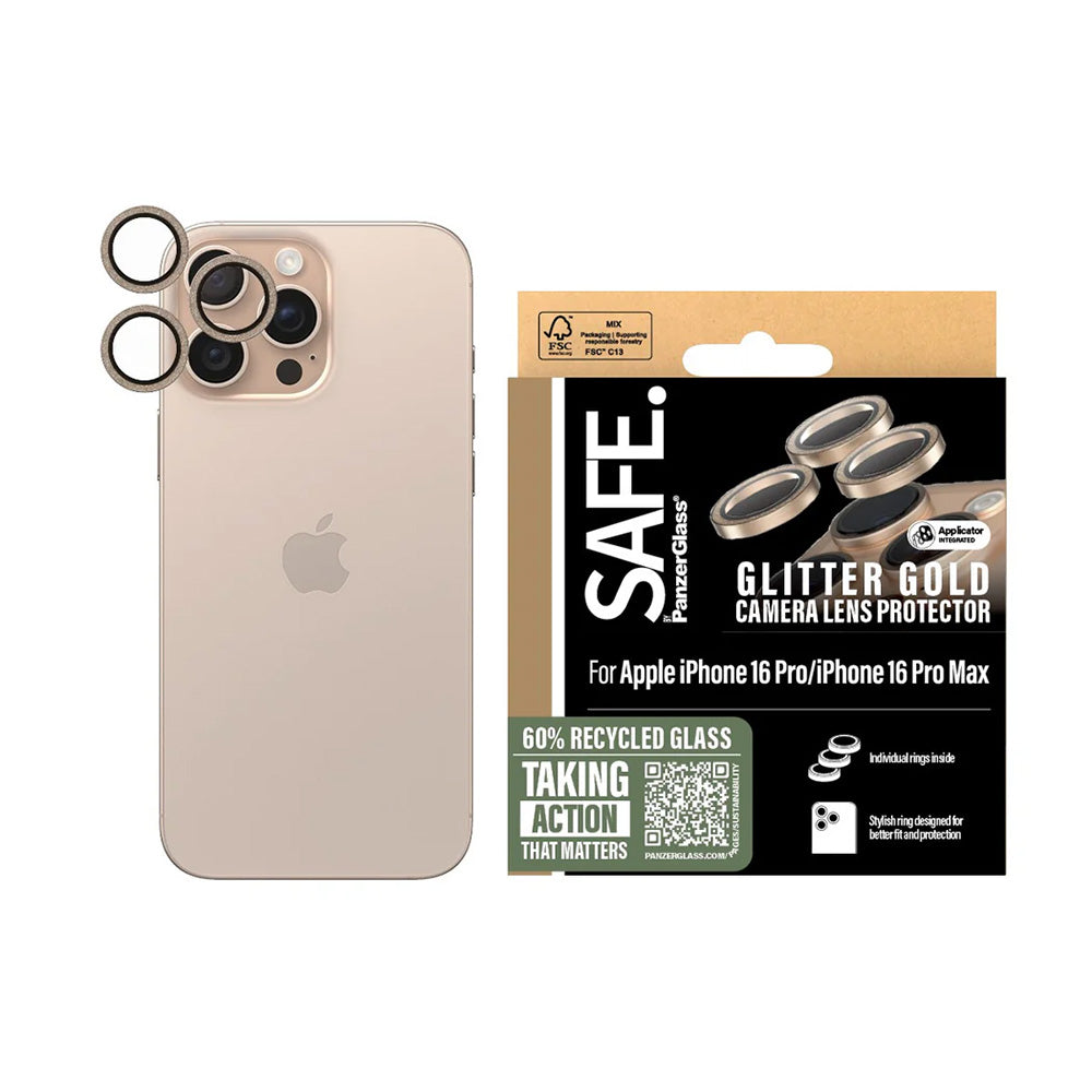 Schutzfolie PanzerGlass Safe für die Rückkamera. Glitter für Apple iPhone 16 Pro Max / 16 Pro, gehärtetes Glas, Goldfarben.