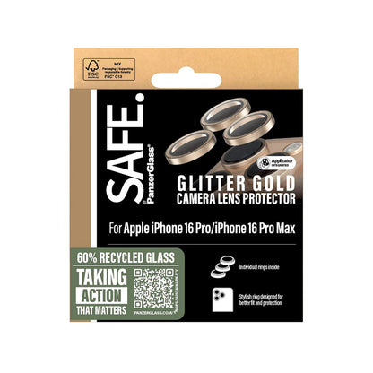 Schutzfolie PanzerGlass Safe für die Rückkamera. Glitter für Apple iPhone 16 Pro Max / 16 Pro, gehärtetes Glas, Goldfarben.