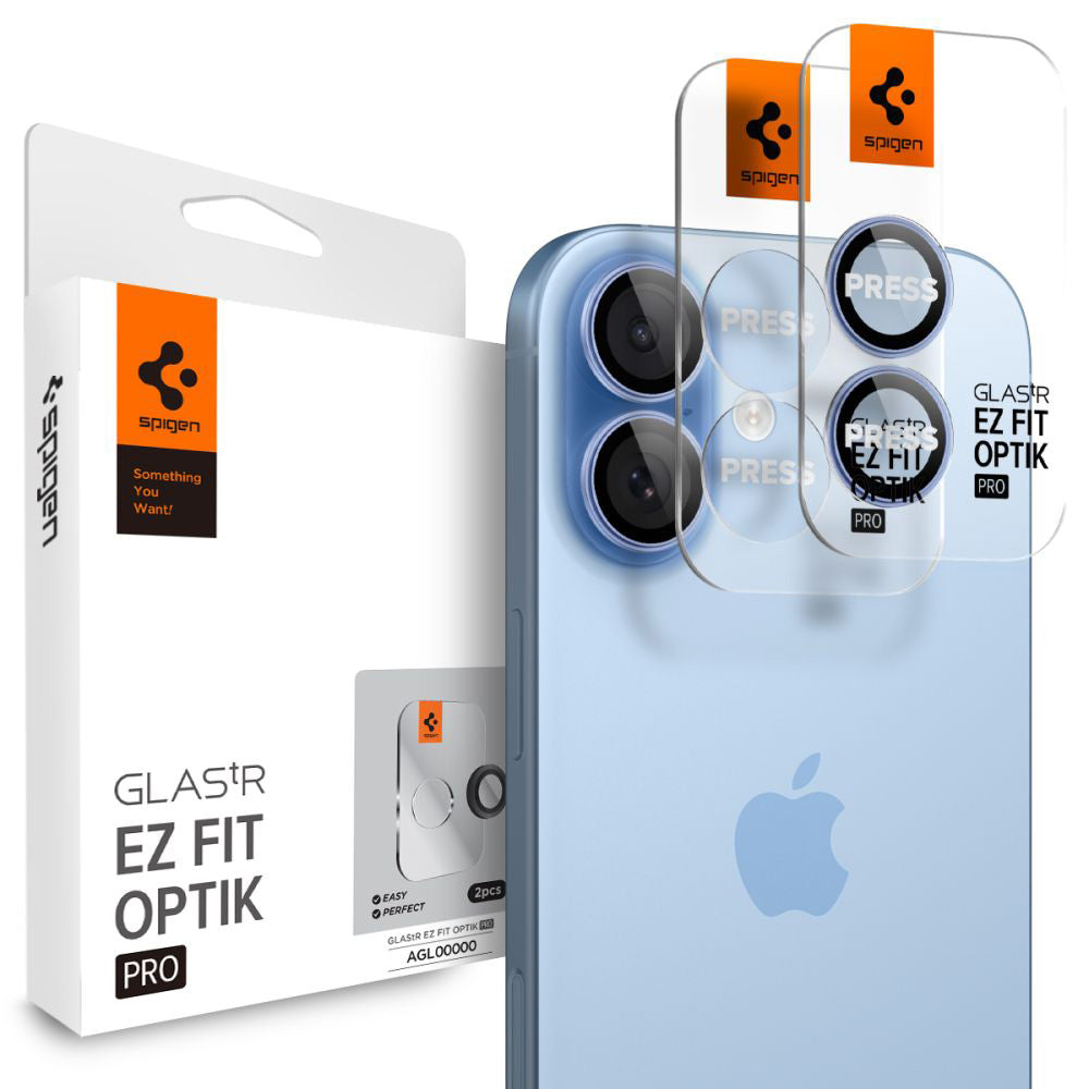 Spigen GlastR EZ FIT Optik Pro Rear Camera Protective Film for Apple iPhone 17 / 16 Plus / 16, Tempered Glass, Set of 2 Pieces, Blue