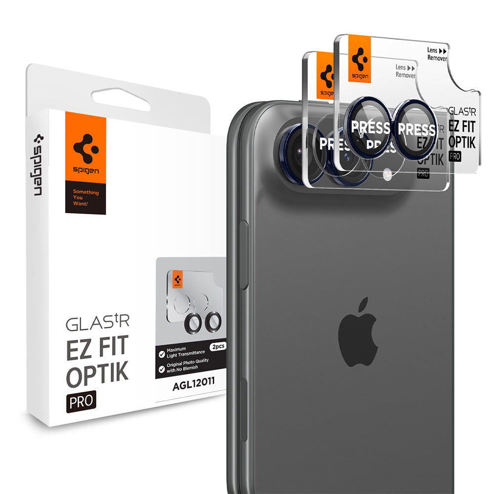 Film de protection pour caméra arrière Spigen GlastR EZ FIT Optik Pro pour Apple iPhone Duo, Verre trempé, Lot de 2 pièces, Bleu marine AGL12011