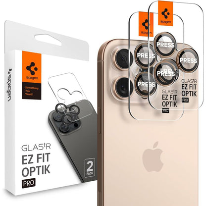 Schutzfolie für die Rückkamera Spigen GlastR EZ FIT Optik Pro für Apple iPhone 16 Pro, gehärtetes Glas, Set mit 2 Stück, Bronze AGL08862