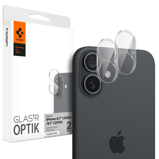 Film de protection pour caméra arrière Spigen GlastR Optik pour Apple iPhone 16 Plus / 16, Verre trempé, Lot de 2 pièces, Transparent AGL07923