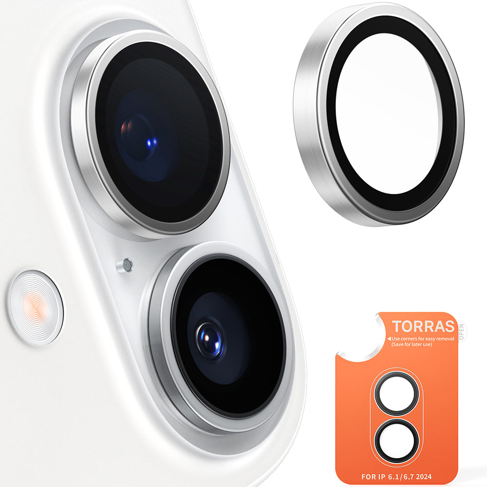 Film de protection Caméra Arrière Torras Lensguard pour Apple iPhone 16 Plus / 16, Verre Trempé, Gris Métallique