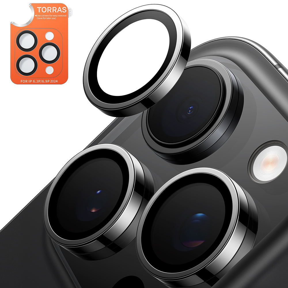 Film de protection pour caméra arrière Torras Lensguard pour Apple iPhone 16 Pro Max / 16 Pro, Verre trempé, Noir