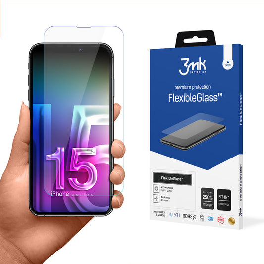 3MK FlexibleGlass Displayschutzfolie für Apple iPhone 15 Pro, Flexibles Glas, Vollflächig Klebend