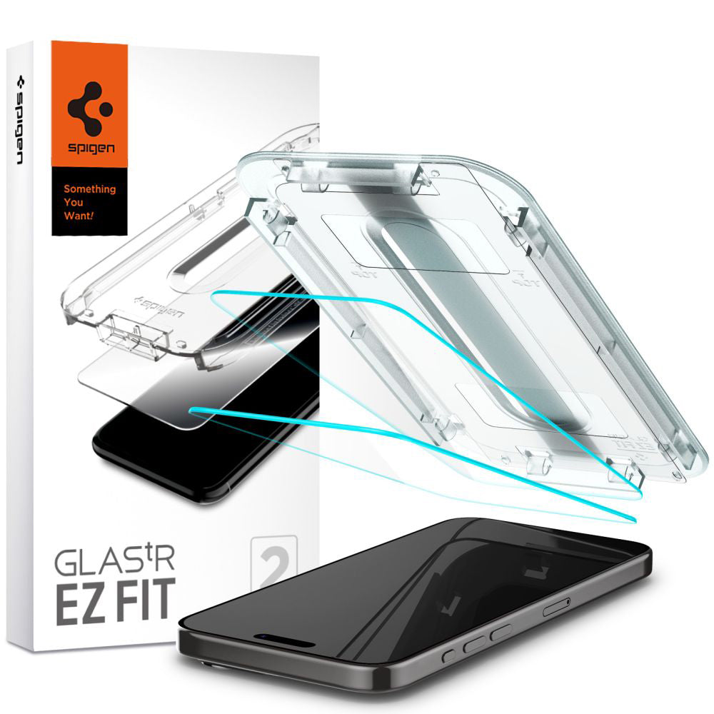 Schutzfolie Spigen GlastR EZ FIT für Apple iPhone 15 Pro Max, Gehärtetes Glas, Vollverklebung, Set 2 Stück AGL06872