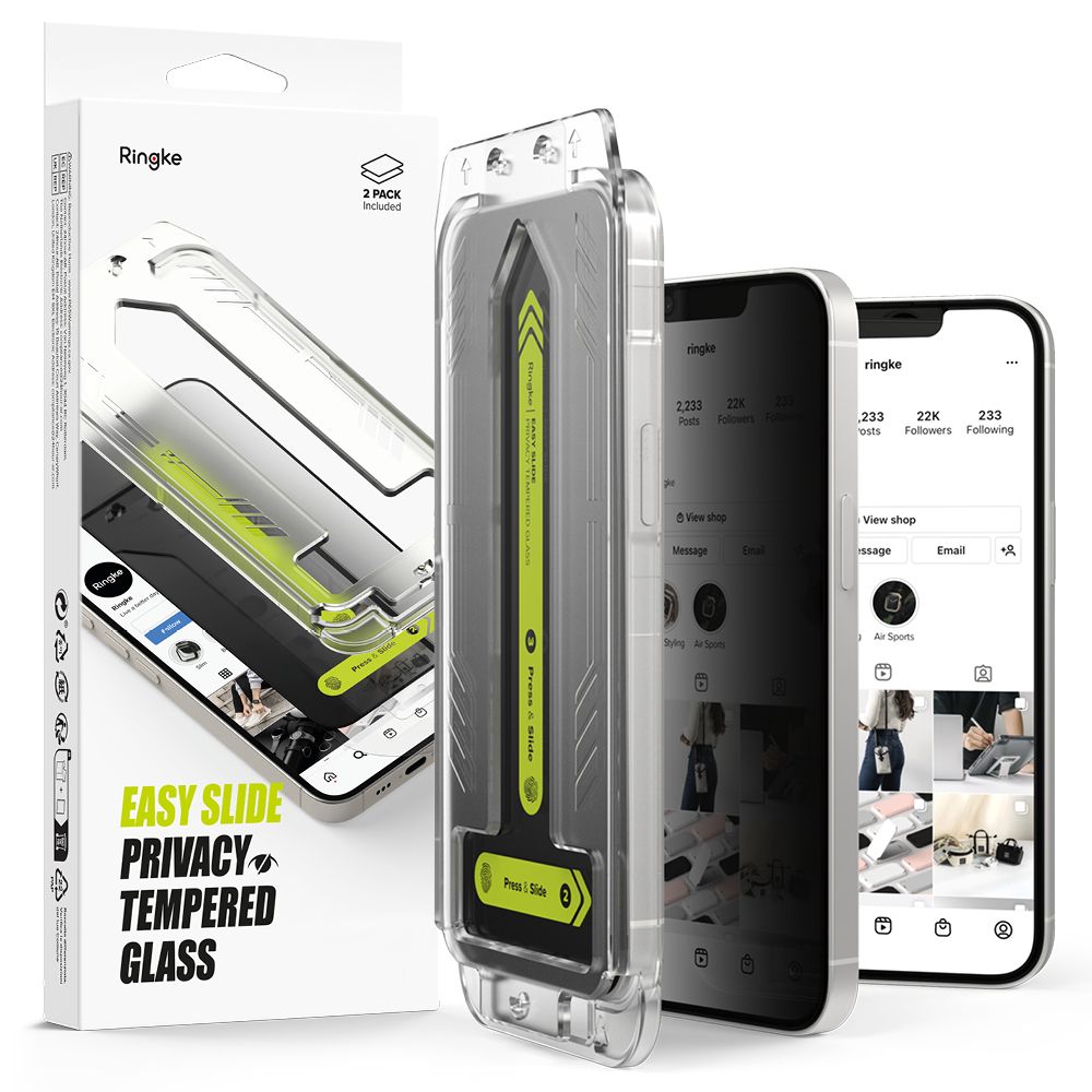 Film de protection d'écran Privacy Ringke Easy Slide pour Apple iPhone 16e / 14 / 13 Pro / 13, Verre Trempé, Full Glue, Lot de 2 pièces