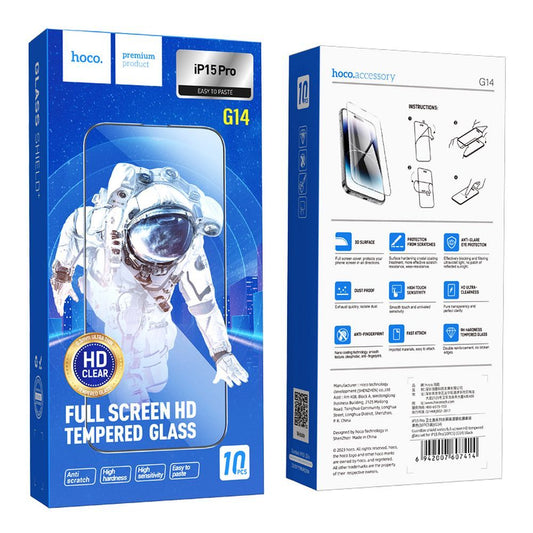 Film de protection écran HOCO G14 pour Apple iPhone 15 Pro, Verre Trempé, Full Glue, Lot de 10 pièces, 5D, Noir
