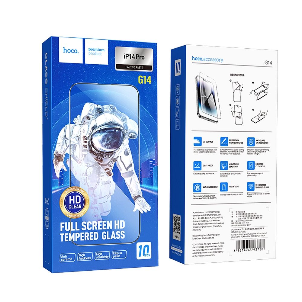 HOCO Screen Protector for Apple iPhone 14 Pro, Tempered Glass, Full Glue, Set of 10 pieces, Black