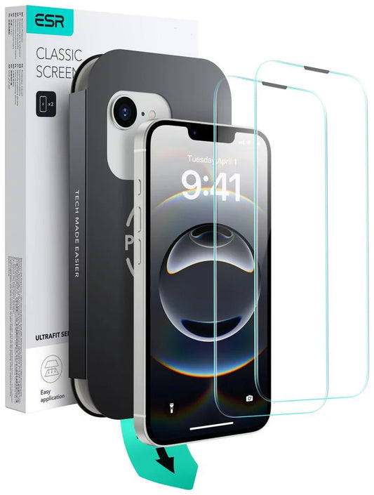 Film de protection d'écran ESR Ultrafit pour Apple iPhone 17e / 16e / 14 / 13 Pro, Verre Trempé, Full Glue, Lot de 2 pièces