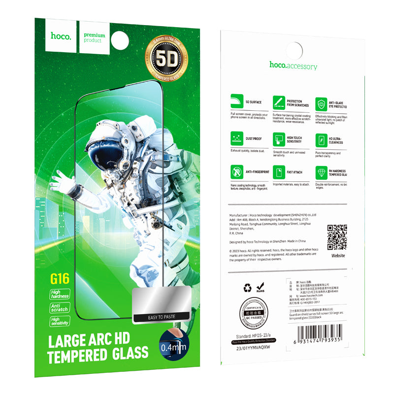 Film de protection d'écran HOCO G16 pour Apple iPhone 15 Plus, Verre Trempé, Full Glue, 5D, Noir