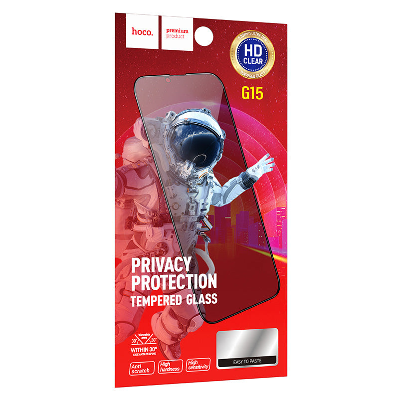 Film de protection écran Privacy HOCO G15 pour Apple iPhone 16 Plus / 15 Plus, Verre Trempé, Full Glue, 5D