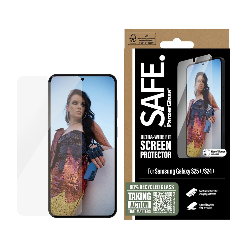 PanzerGlass Safe Displayschutzfolie. Ultra-Wide Fit EasyAligner für Samsung Galaxy S25+ S936, Sicherheitsglas, Vollkleber, Wiederverpackt