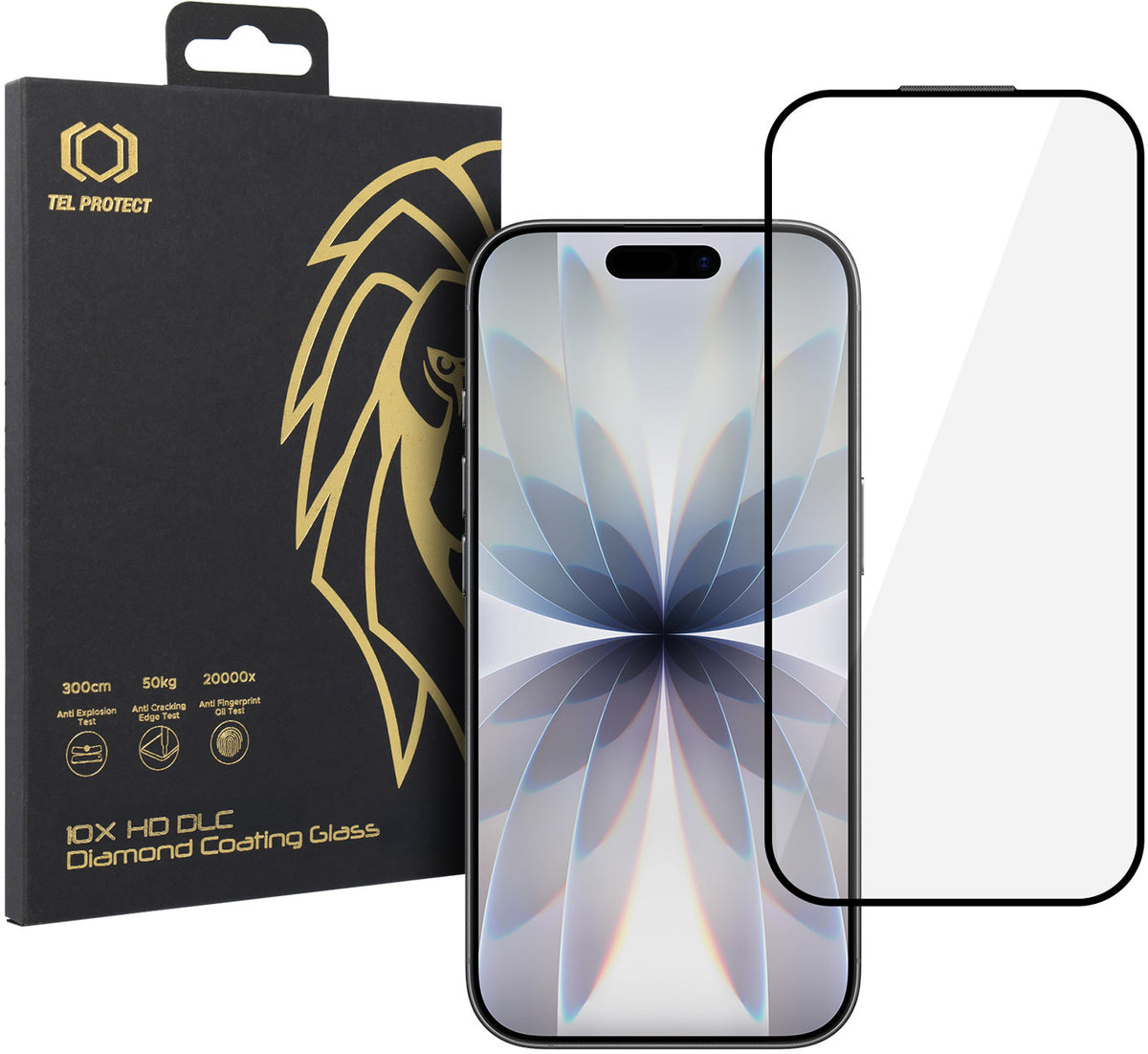 Protection d’écran Tel Protect 10X HD DLC Diamond Coating pour Apple iPhone 17 / 16 Pro, verre trempé, adhésif intégral, noir