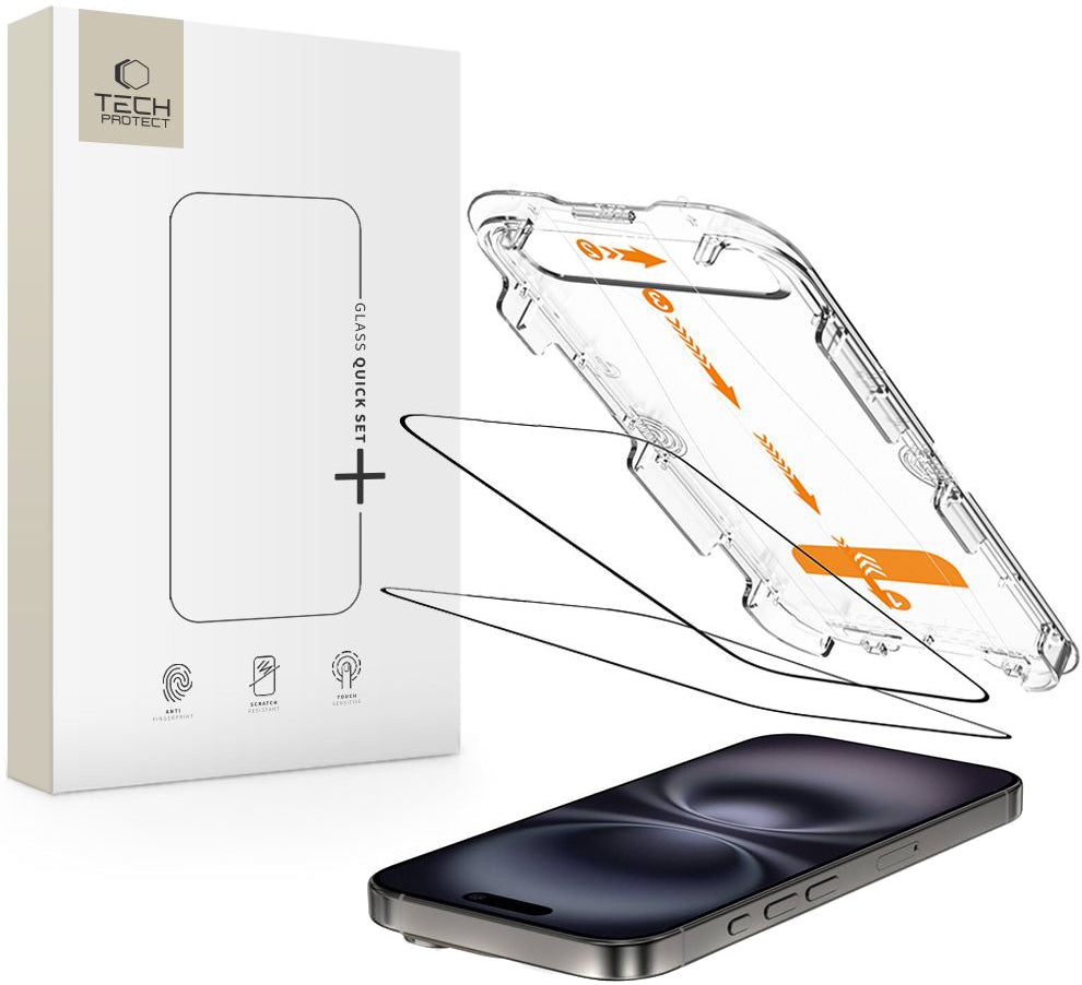 Schutzfolie Tech-Protect Quick Set+ für Apple iPhone 16 / 15, gehärtetes Glas, Full Glue, Set mit 2 Stück, Schwarz
