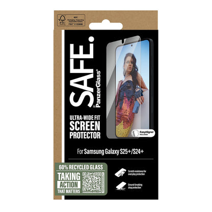 PanzerGlass Safe Displayschutzfolie. Ultra-Wide Fit EasyAligner für Samsung Galaxy S25+ S936, Sicherheitsglas, Vollkleber, Wiederverpackt