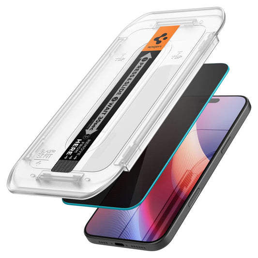Displayschutzfolie Privacy Spigen GlastR EZ FIT für Apple iPhone 17 Pro / 17 / 16 Pro, gehärtetes Glas, Vollverklebung, Set mit 2 Stück AGL07929