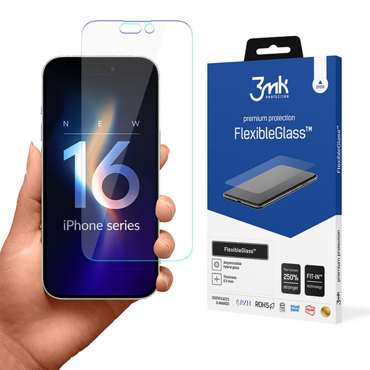 3MK FlexibleGlass Displayschutzfolie für Apple iPhone 16 Pro, Flexibles Glas, Vollflächig Klebend