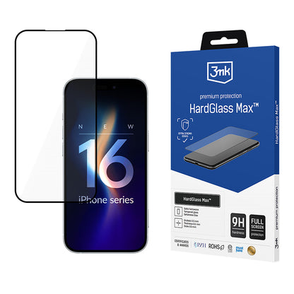 Film de protection d'écran 3MK HardGlass Max pour Apple iPhone 16 Pro, Verre trempé, Collage intégral, Noir