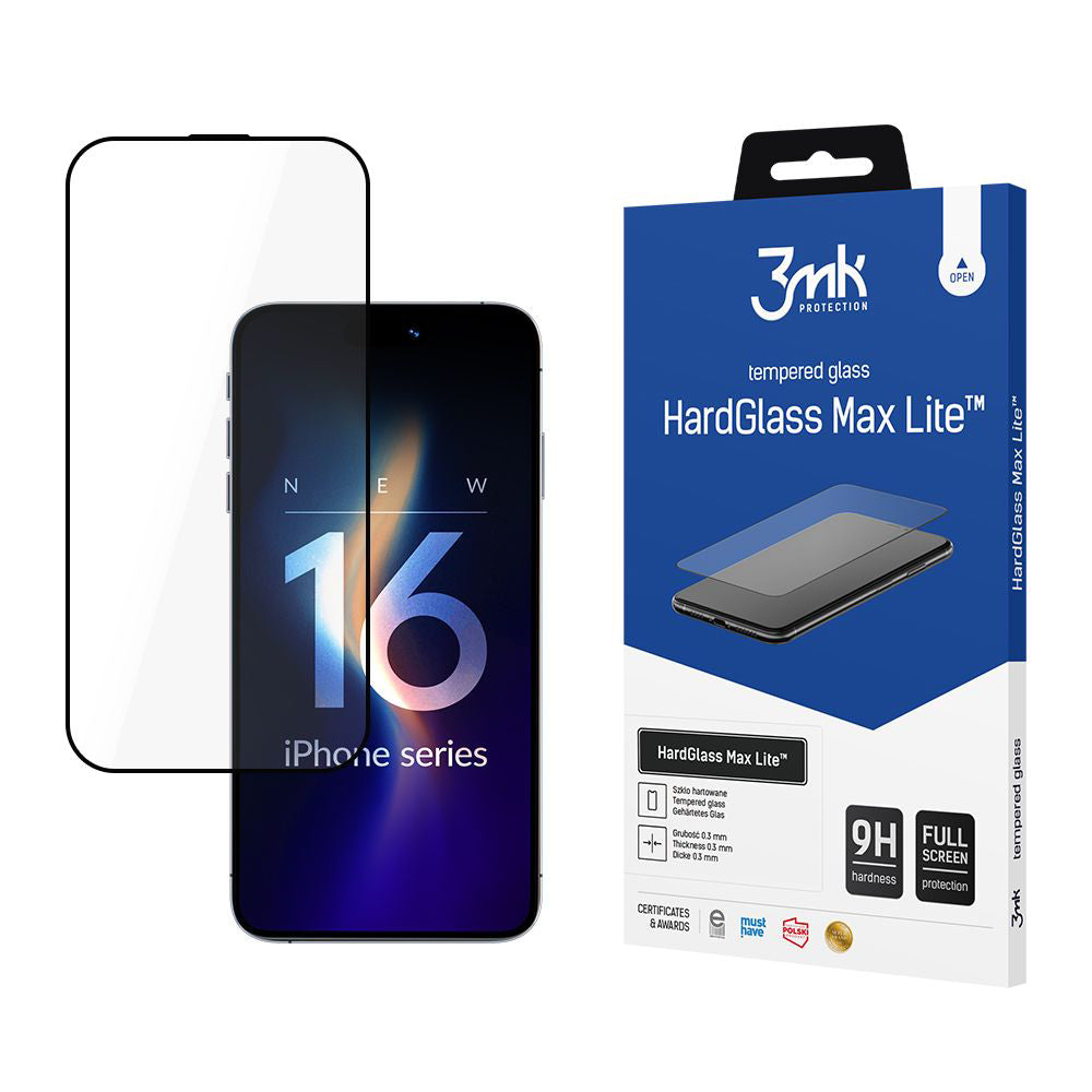 Film de protection d'écran 3MK HardGlass pour Apple iPhone 16 Pro Max, Verre Sécurisé, Collage Complet, Noir