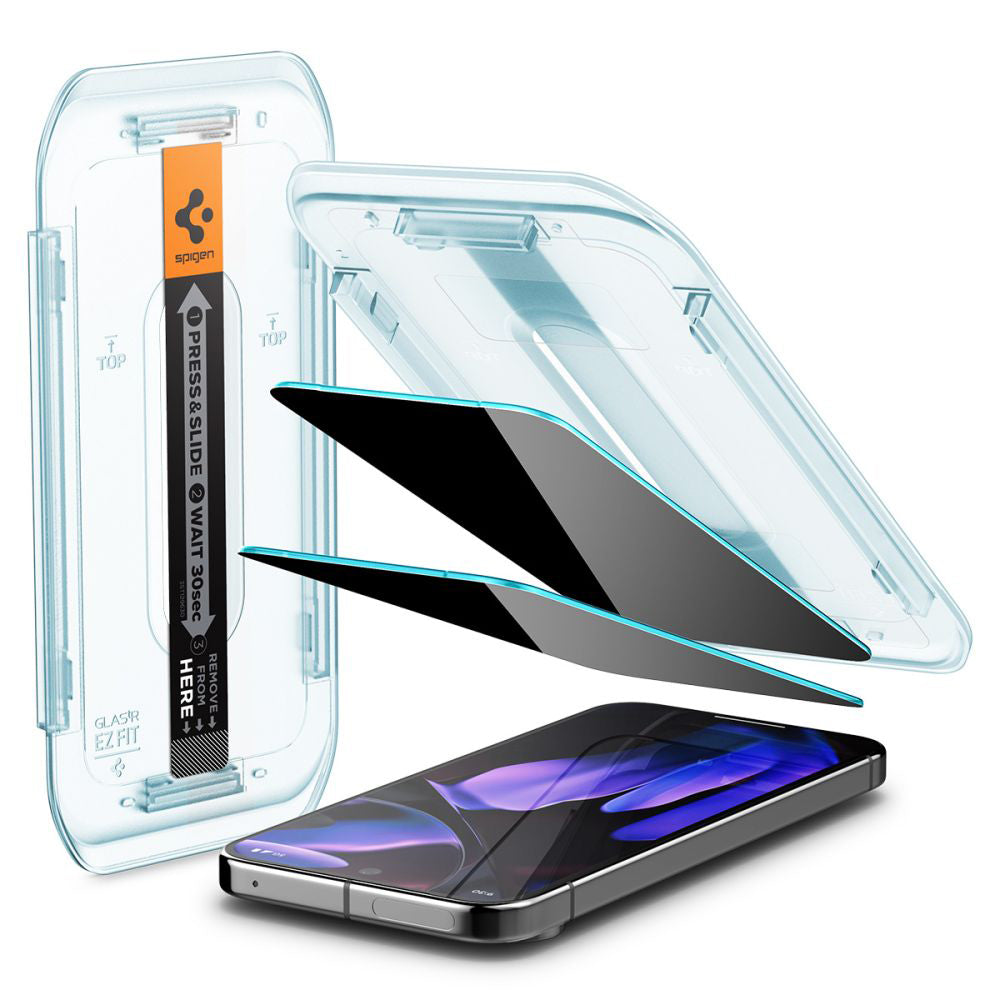 Privacy Displayschutzfolie Spigen GlastR EZ FIT für Google Pixel 9 / 9 Pro, gehärtetes Glas, Full Glue, 2er-Set