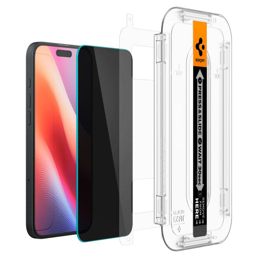 Displayschutzfolie Privacy Spigen GlastR EZ FIT für Apple iPhone 16 / 15, Gehärtetes Glas, Vollverklebung, Set 2 Stück AGL06905