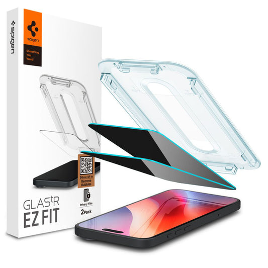 Displayschutzfolie Privacy Spigen GlastR EZ FIT für Apple iPhone 16 / 15, Gehärtetes Glas, Vollverklebung, Set 2 Stück AGL06905