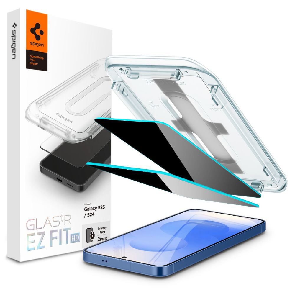 Privacy-Schutzfolie Spigen GlastR EZ FIT HD für Samsung Galaxy S25 S931 / S24 S921, gehärtetes Glas, Vollkleber, 2er-Set