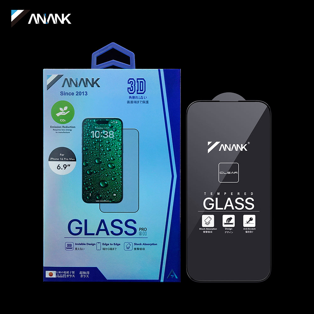 Film de protection d'écran Anank 3X Renforcé Invisible pour Apple iPhone 16 Pro Max, Verre Trempé, Collage Complet, 3D, Noir