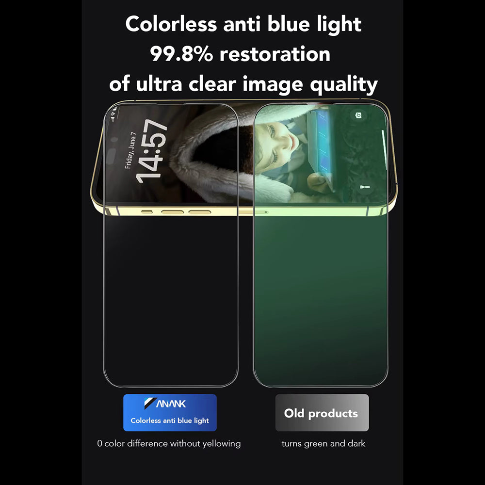 Anank Anti Blue Light Screen Protector for Apple iPhone 15 Pro, Tempered Glass, Full Glue, 2.5D, Black