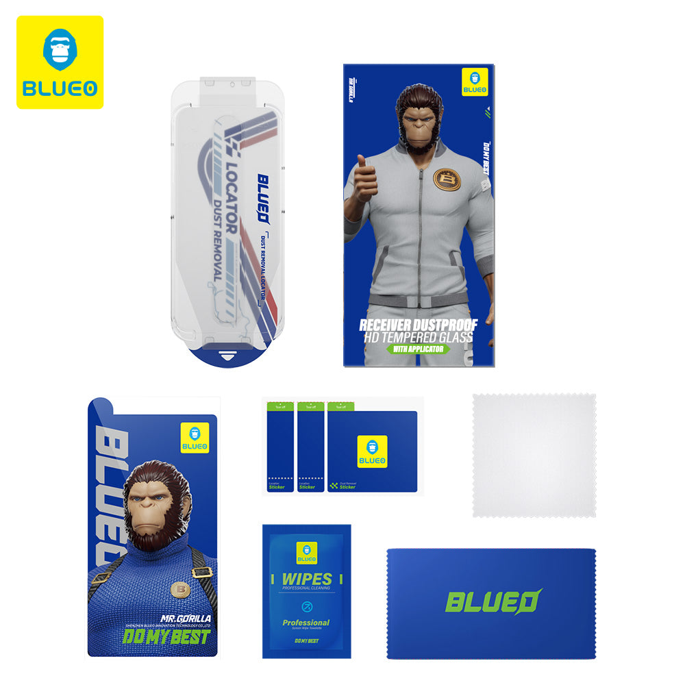 Blueo Anti-Dust HD Schutzfolie mit Applicator Pro für Apple iPhone 17e / 16e / 14 / 13 Pro, gehärtetes Glas, Vollkleber, Schwarz
