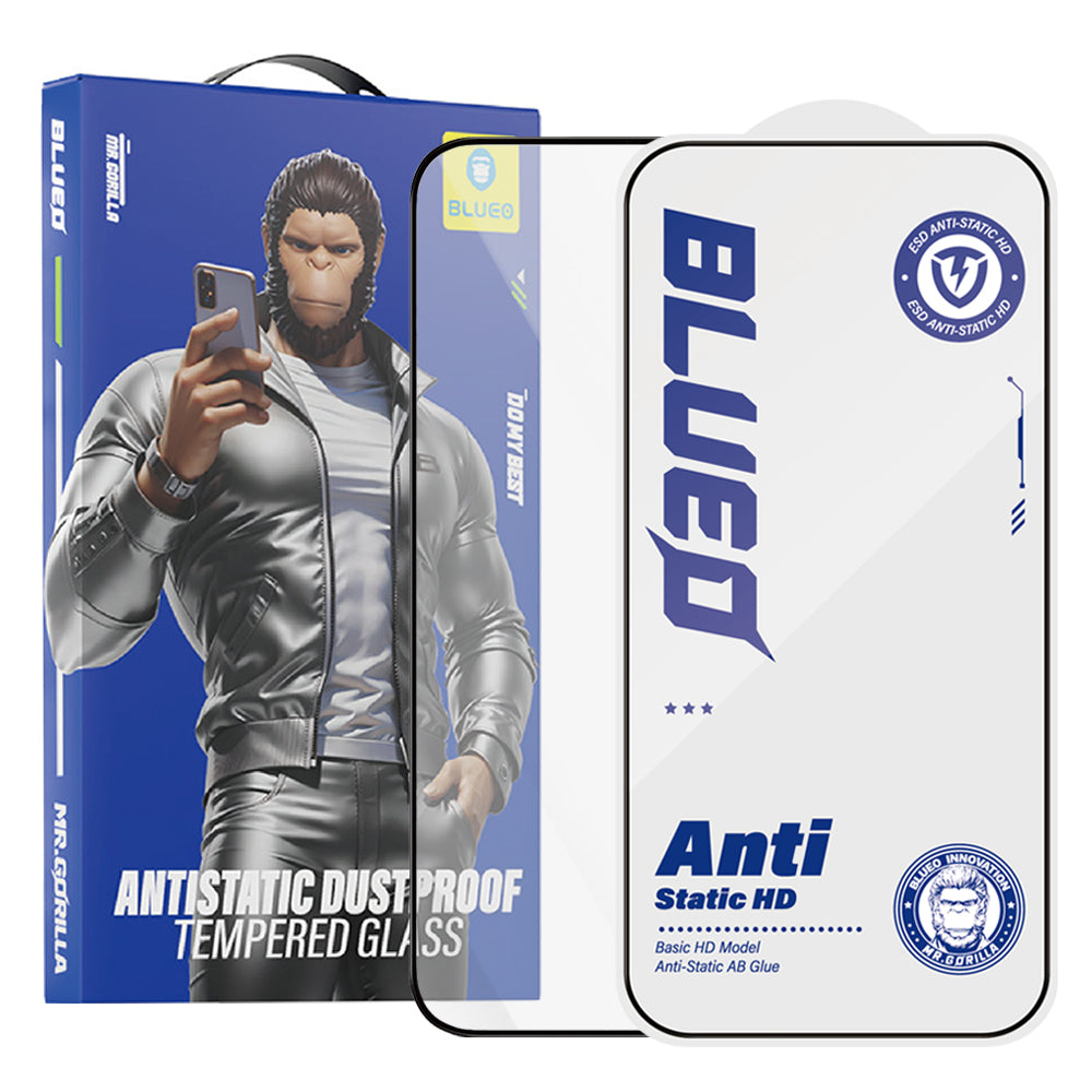 Blueo Anti-Static HD Displayschutzfolie für Apple iPhone 17e / 16e / 14 / 13 Pro, gehärtetes Glas, Vollkleber, Schwarz
