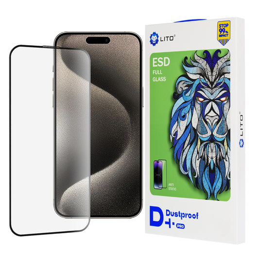 Lito D+ Pro Dustproof Displayschutzfolie für Apple iPhone 15, gehärtetes Glas, Vollkleber, Schwarz