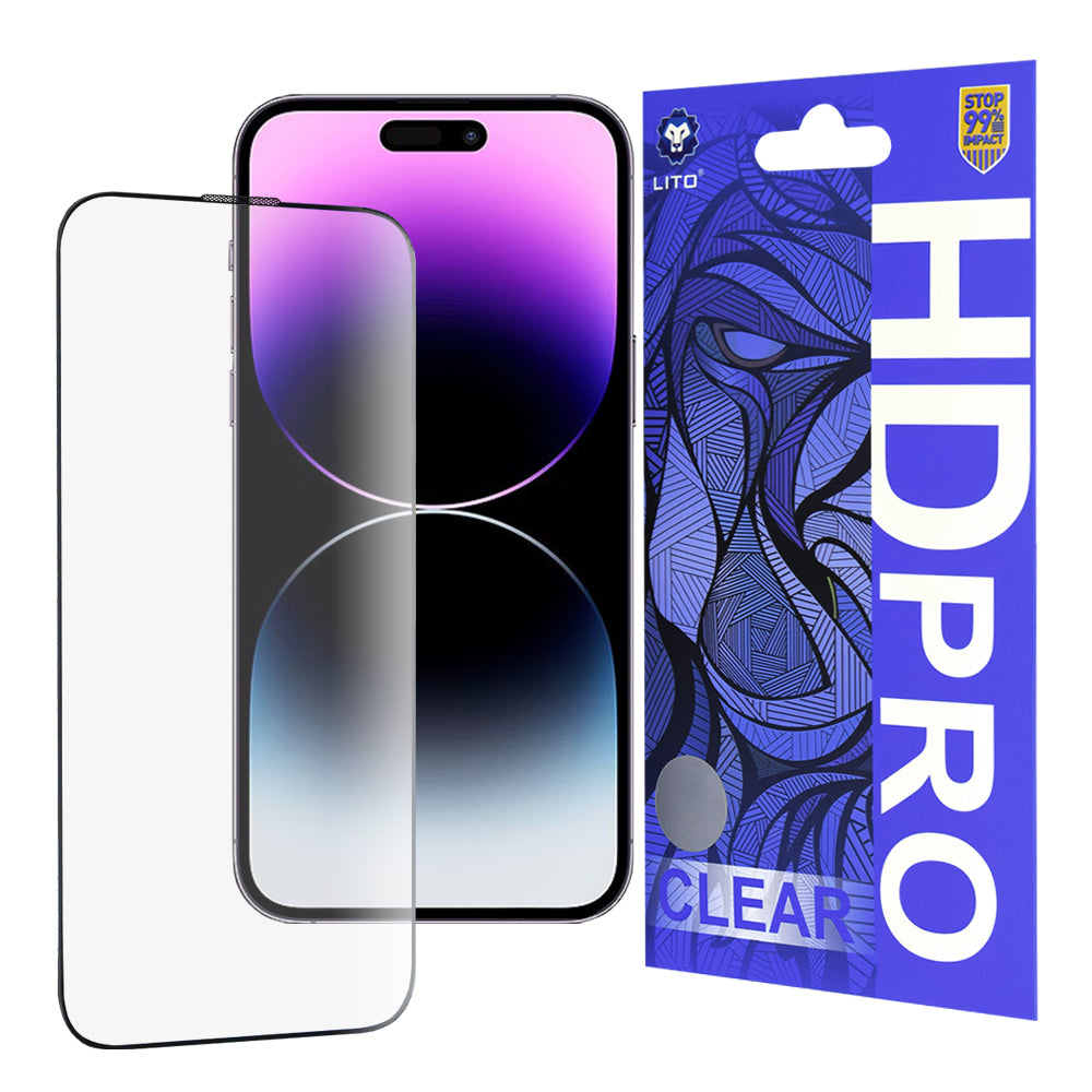Film de protection d'écran Lito HD Pro Clear pour Apple iPhone 14 Pro Max, Verre trempé, Collage complet, Noir
