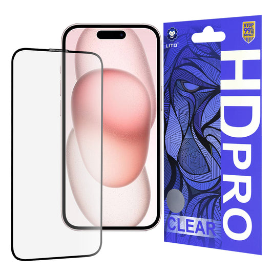 Film de protection écran Lito HD Pro Clear pour Apple iPhone 15, Verre trempé, Collage intégral, Noir
