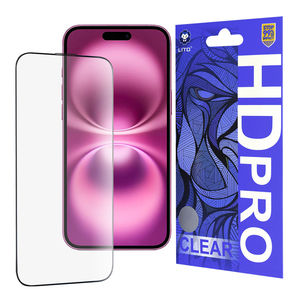 Lito HD Pro Clear Displayschutzfolie für Apple iPhone 16 Plus, gehärtetes Glas, Vollkleber, Schwarz