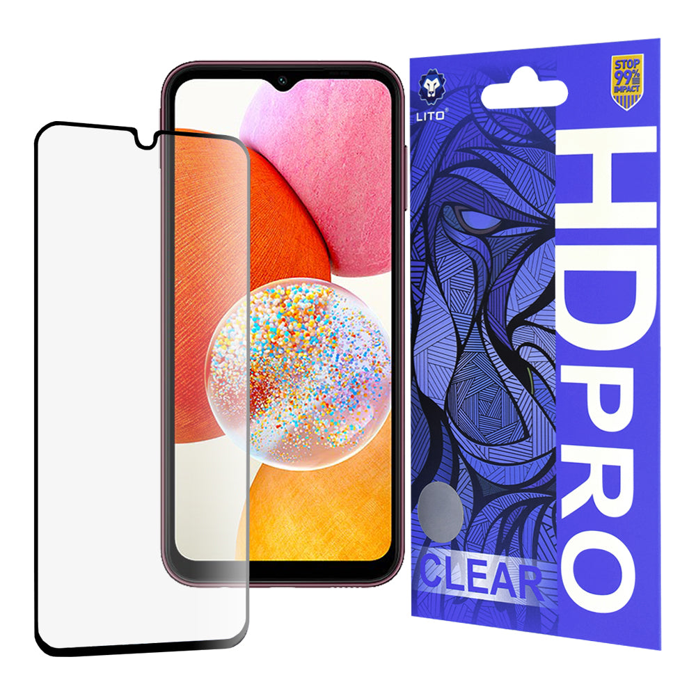 Film de protection d'écran Lito HD Pro Clear pour Samsung Galaxy A14 A145 / A14 5G A146, Verre trempé, Collage complet, Noir
