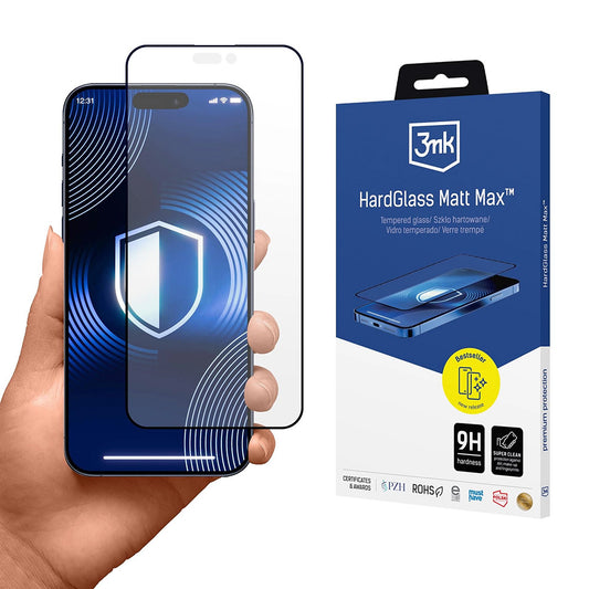 Film de protection Écran Mat 3MK HardGlass Max pour Apple iPhone 17 Pro, Verre Trempé, Full Glue, Noir