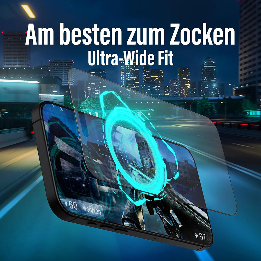 Schutzfolie Matte PanzerGlass Ultra-Wide Fit Gaming für Apple iPhone 16 Pro, gehärtetes Glas, Full Glue, Schwarz