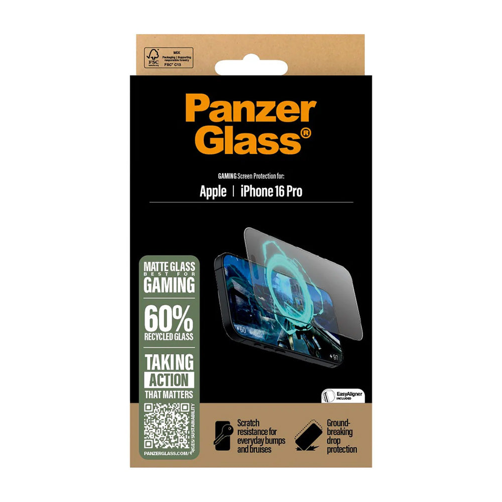 Schutzfolie Matte PanzerGlass Ultra-Wide Fit Gaming für Apple iPhone 16 Pro, gehärtetes Glas, Full Glue, Schwarz