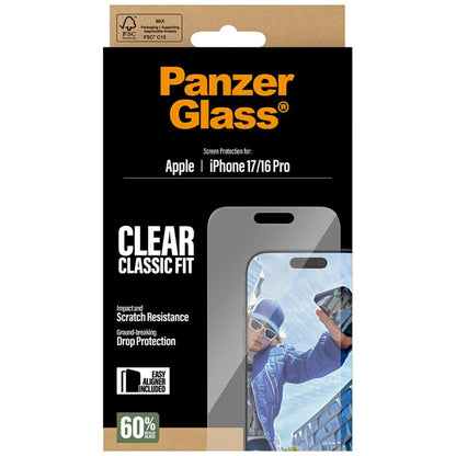 Schutzfolie PanzerGlass Classic Fit EasyAligner für Apple iPhone 17 / 16 Pro, gehärtetes Glas, Full Glue