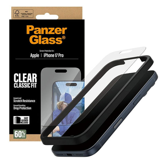 Schutzfolie PanzerGlass Classic Fit EasyAligner für Apple iPhone 17 Pro, gehärtetes Glas, Vollverklebung