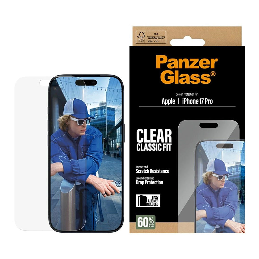 Film de protection d'écran PanzerGlass Classic Fit EasyAligner pour Apple iPhone 17 Pro, Verre Trempé, Full Glue