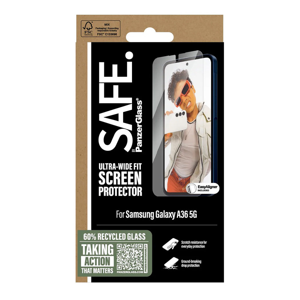 Schutzfolie PanzerGlass Safe Bildschirm. Ultra-Wide Fit EasyAligner für Samsung Galaxy A36 A366, Gehärtetes Glas, Vollverklebung.