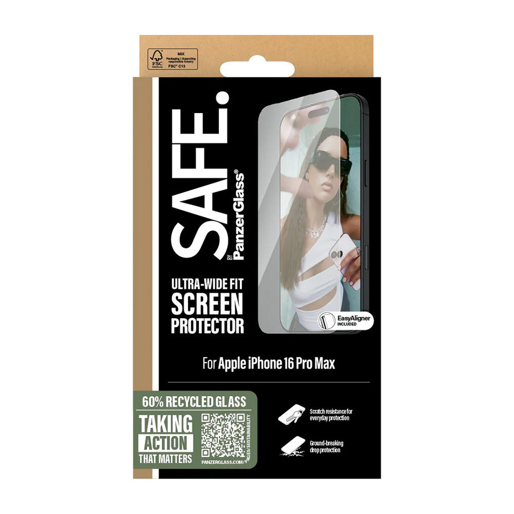 Schutzfolie PanzerGlass Safe Bildschirm. Ultra-Wide Fit für Apple iPhone 16 Pro Max, gehärtetes Glas, Full Glue.