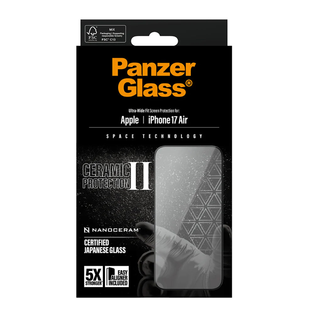 Film de protection d'écran PanzerGlass Ultra-Wide Ceramic II EasyAligner pour Apple iPhone 17 Air, Verre Trempé, Full Glue, Noir
