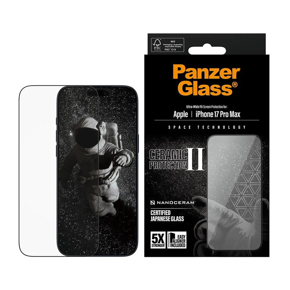 Film de protection d'écran PanzerGlass Ultra-Wide Ceramic II EasyAligner pour Apple iPhone 17 Pro Max, Verre Trempé, Full Glue, Noir