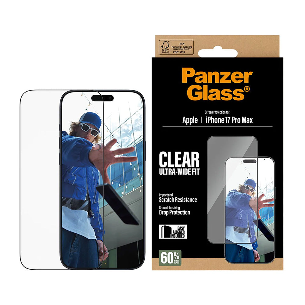 Film de protection d'écran PanzerGlass Ultra-Wide Fit EasyAligner pour Apple iPhone 17 Pro Max, Verre Trempé, Full Glue, Noir