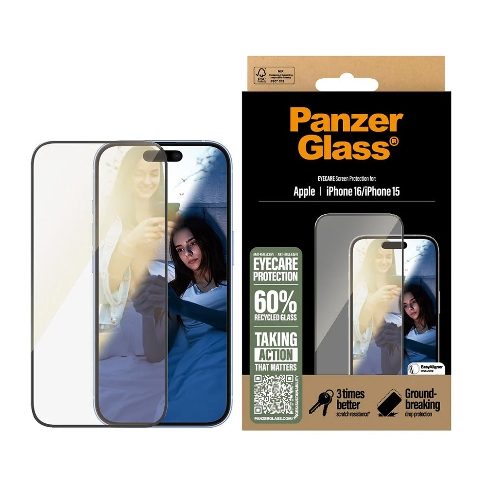 Film de protection d'écran PanzerGlass Ultra-Wide Fit EyeCare pour Apple iPhone 16 / 15, Verre Trempé, Full Glue, Noir