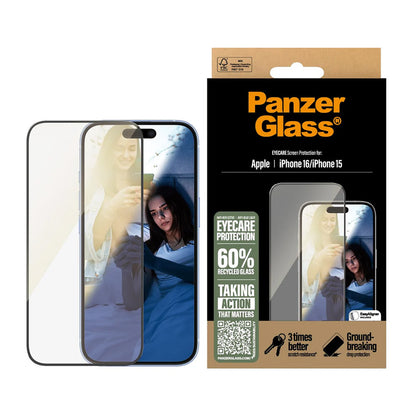 Film de protection d'écran PanzerGlass Ultra-Wide Fit EyeCare pour Apple iPhone 16 / 15, Verre Trempé, Full Glue, Noir